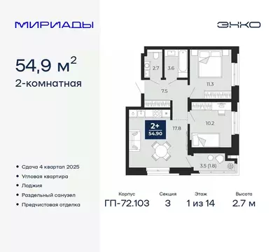 2-к кв. Тюменская область, Тюмень Мириады жилой комплекс (54.9 м)