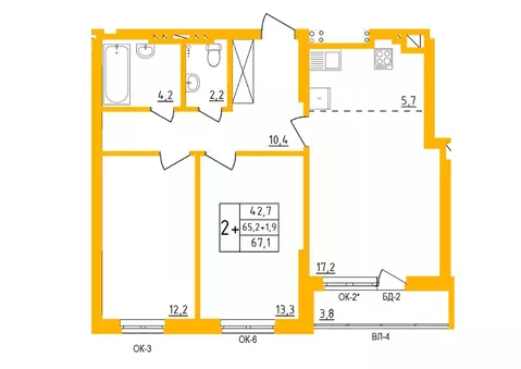 2-к кв. Башкортостан, Уфа Инорс-4Б мкр, Акварель жилой комплекс (67.0 ...