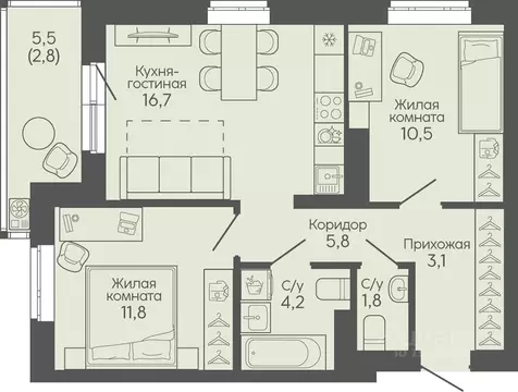 2-к кв. Волгоградская область, Волгоград Трехгорная ул., 27 (56.7 м)