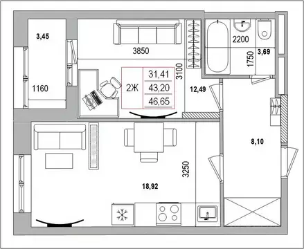2-к кв. Белгородская область, Белгород Славянская ул. (46.65 м)