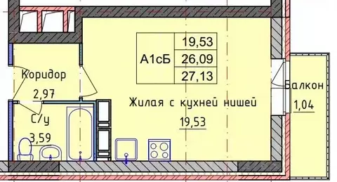 Студия Ярославская область, Ярославль ул. Пашуковская, 9к2 (27.13 м)