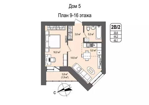 2-к кв. Кемеровская область, Кемерово 55-й мкр, 5 (46.1 м)
