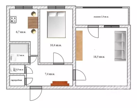 Квартира, 2 комнаты, 46 м