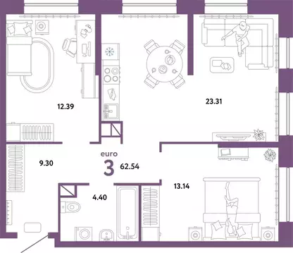 3-к кв. Тюменская область, Тюмень Интернациональная ул., 199к10 (62.35 ...