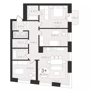 3-к кв. Башкортостан, Уфа Южный-2 мкр,  (96.22 м)
