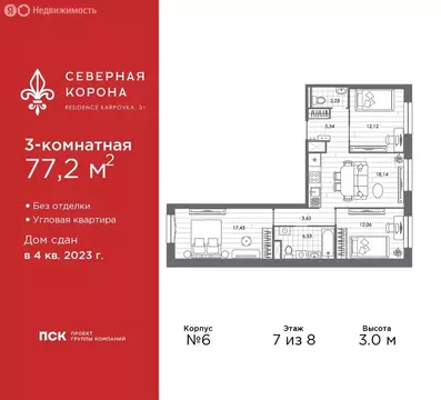 3-комнатная квартира: Санкт-Петербург, набережная реки Карповки, 31к1 ...