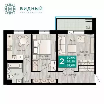 2-к кв. Пермский край, Пермь Кавказская ул., 13к1 (59.05 м)