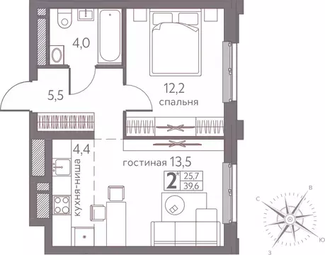Студия Пермский край, Пермь ул. Серебристая, 3 (39.6 м)