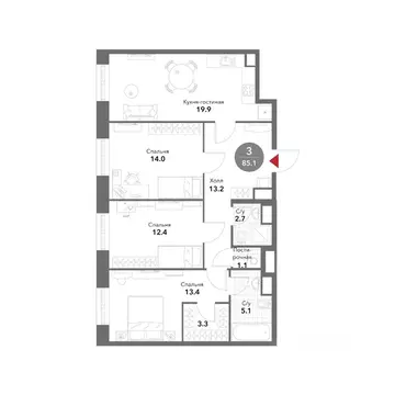 3-к кв. Москва Воксхолл жилой комплекс (85.2 м)