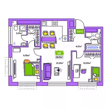 2-к кв. Тюменская область, Тюмень Полевая ул., 93 (58.4 м)