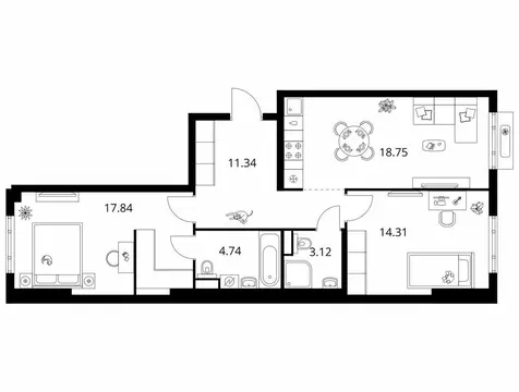 2-комнатная квартира: Новоселье, Невская улица, 14А (70.1 м)
