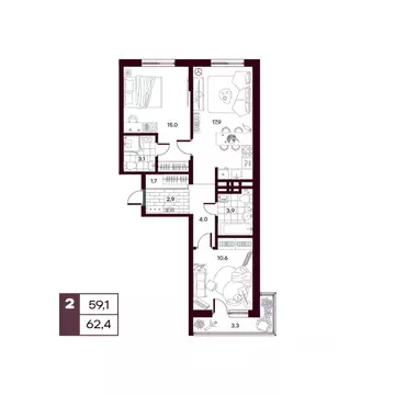 2-к кв. Тюменская область, Тюменский муниципальный округ, д. Дударева ...