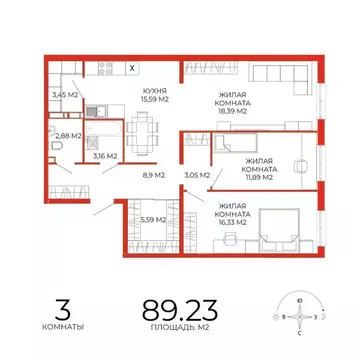 3-к кв. Пензенская область, Пенза Лугометрия жилой комплекс (89.23 м)