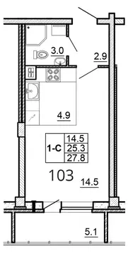Студия Псковская область, Псков ул. Алексея Алехина, 14 (27.8 м)