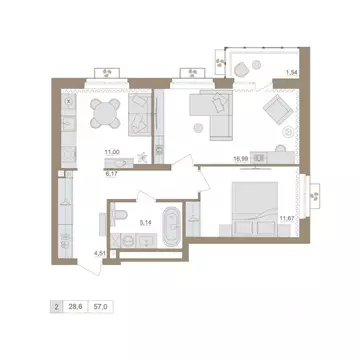 2-к кв. Башкортостан, Уфа бул. Яркий (56.31 м)