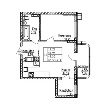 1-к кв. Калининградская область, Калининград ул. Дубовая Аллея (43.32 ...