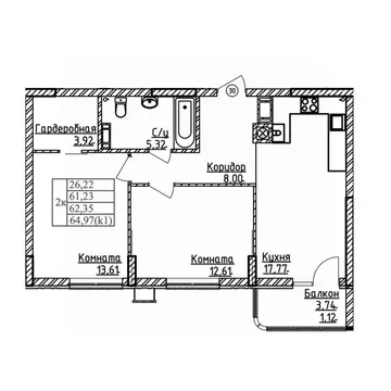 2-к кв. Калининградская область, Калининград ул. Дубовая Аллея (62.35 ...