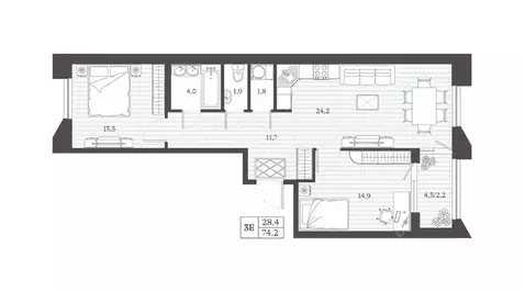 2-к кв. Дагестан, Дербент Эффект Визионер жилой комплекс (74.18 м)