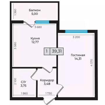 1-к кв. Ставропольский край, Невинномысск ул. Дунаевского, 11Г (39.31 ...