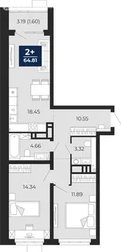 2-комнатная квартира: Тюмень, Арктическая улица, 14 (66.4 м)