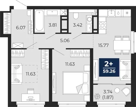 2-комнатная квартира: Тюмень, Арктическая улица, 14 (61.13 м)