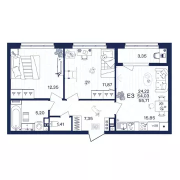2-к кв. Тульская область, Тула Гармония жилой комплекс (55.71 м)