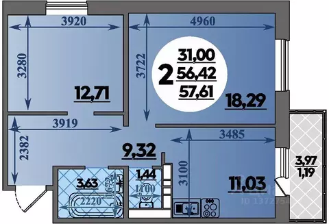 2-к кв. Ростовская область, Ростов-на-Дону ул. Юрия Дубинина, 5 (57.61 ...