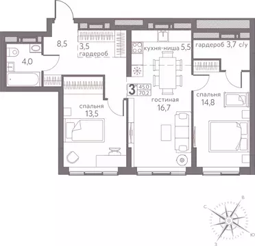 Студия Пермский край, Пермь ул. Серебристая, 3А (70.2 м)