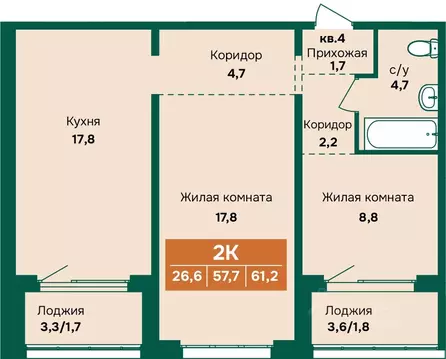 2-к кв. Алтайский край, Барнаул Камчатка жилой комплекс (61.2 м)