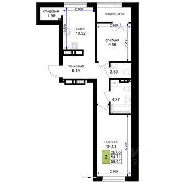 2-к кв. Калининградская область, Гурьевск Включи жилой комплекс (58.44 ...