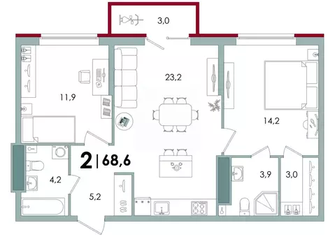 2-к кв. Тверская область, Тверь Южный жилой комплекс (68.6 м)