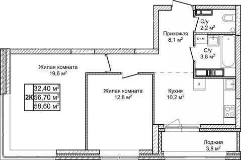2-к кв. Нижегородская область, Нижний Новгород д. Ольгино,  (58.6 м)