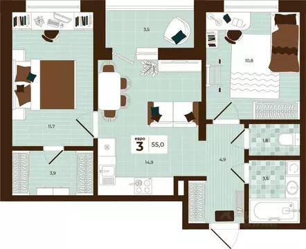 3-к кв. Тульская область, Тула ул. Академика Насоновой, 3 (55.0 м)