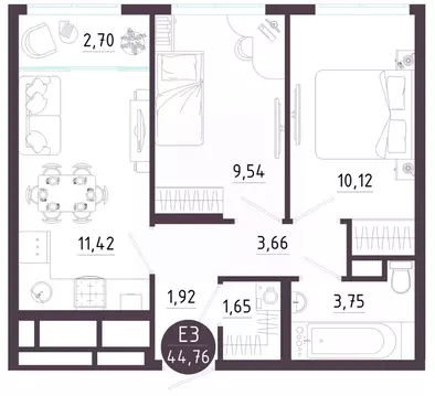 2-к кв. Тульская область, Тула ул. Купцов Гречихиных (44.76 м)