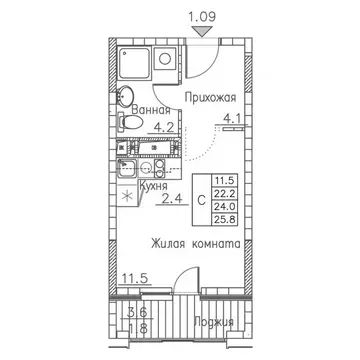 1-к кв. Приморский край, Владивосток ул. Расула Гамзатова, 7к1 (25.8 ...