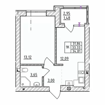 1-к кв. Калининградская область, Зеленоградск  (34.81 м)