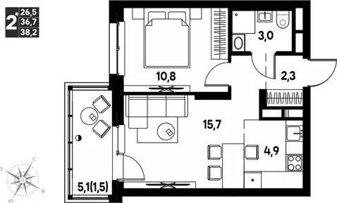 Студия Пермский край, д. Кондратово просп. Дягилева, 2 (38.2 м)