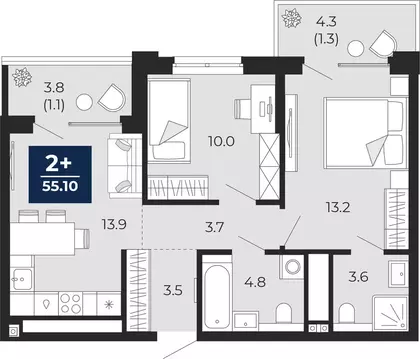 2-комнатная квартира: Тюмень, проезд Капитана Куликова, 5 (60.8 м)
