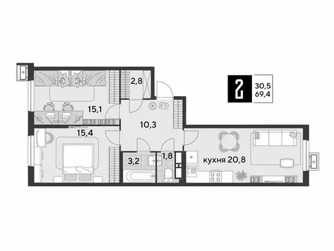 2-комнатная квартира: Краснодар, микрорайон Парк Победы (69.4 м)