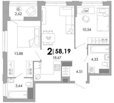 2-к кв. Владимирская область, Владимир Уно жилой комплекс (58.19 м)