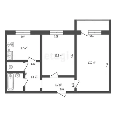 Квартира, 2 комнаты, 51.9 м