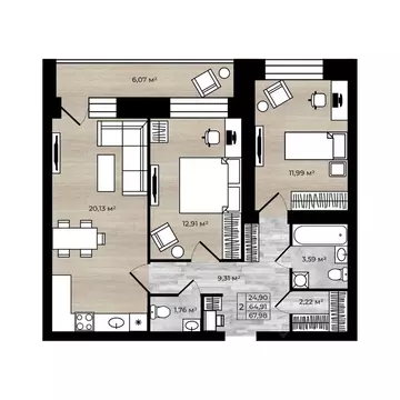 2-к кв. Ярославская область, Ярославль Тормозное ш. (67.98 м)