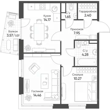 2-к кв. Татарстан, Казань Счастье в Казани жилой комплекс (56.3 м)