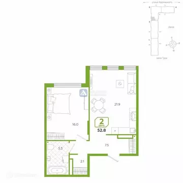 2-комнатная квартира: Тюмень, улица Евгения Войнова, 3 (52.8 м)