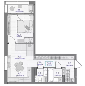 2-к кв. Красноярский край, Красноярск ул. Апрельская, 9А (47.6 м)