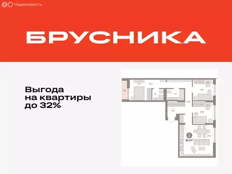 3-комнатная квартира: Тюмень, микрорайон ДОК, ЖК Октябрьский на Туре ...