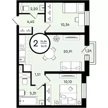 2-к кв. Тюменская область, Тюмень ул. Александра Звягина, 2 (56.1 м)