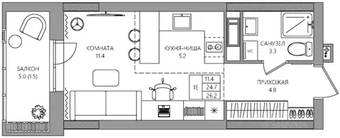 Студия Пермский край, Пермь Батумская ул., 21 (26.2 м)