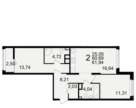 2-к кв. Рязанская область, Рязань ул. Чкалова (60.69 м)