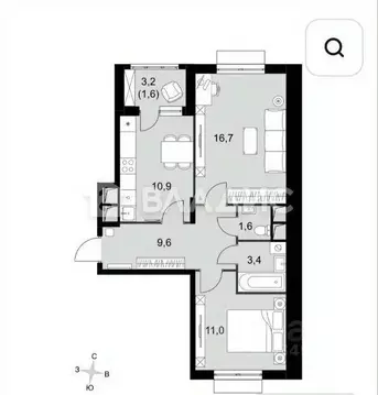 Квартира, 2 комнаты, 54.8 м